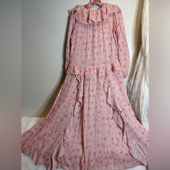 Free People Spell Fleur Ruffles Vintage Floral Pink Rose Gown Maxi Dress - Picture 9 of 9